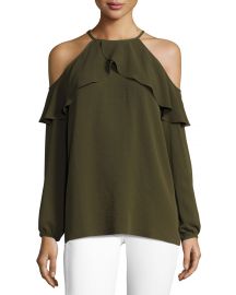 MICHAEL Michael Kors Long-Sleeve Cold-Shoulder Knit Flounce Top at Neiman Marcus